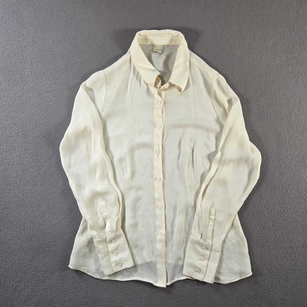 Ecru Silk Blouse Womens Small Off White Long Sleeve Button Shirt Sheer Chiffon